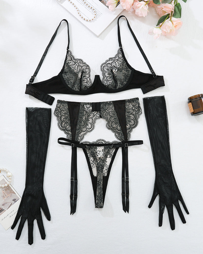 Lovingerie - Embroidery Lace Garter Belt Lingerie Set