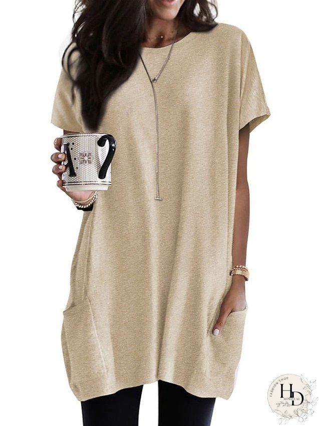 Casual Dress T Shirt Dress Tee Dress Shift Dress Mini Dress Black White Pink Short Sleeve Pure Color Pocket Summer Spring Crew Neck Classic Loose Fit S M L XL XXL for Women