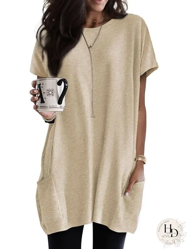Casual Dress T Shirt Dress Tee Dress Shift Dress Mini Dress Black White Pink Short Sleeve Pure Color Pocket Summer Spring Crew Neck Classic Loose Fit S M L XL XXL for Women