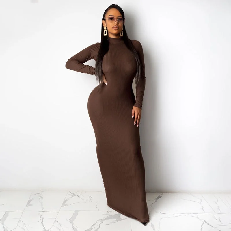 Hugcitar 2020 Long Sleeve Solid Backless Skinny  Ribbed Maxi Dress Autumn Winter Women Fashion Sexy Party Club Outfits