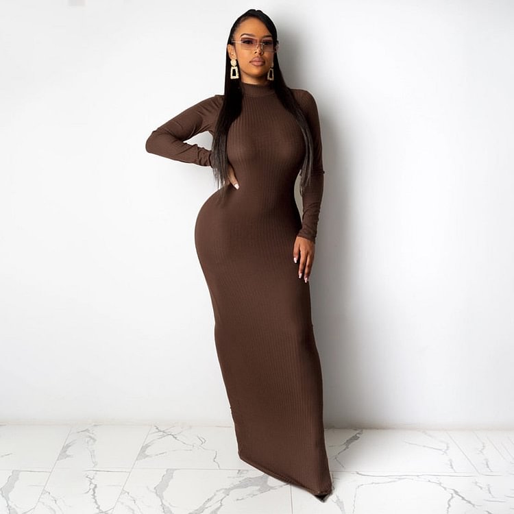Hugcitar 2020 Long Sleeve Solid Backless Skinny Ribbed Maxi Dress Autumn Winter Women Fashion Sexy Party Club Outfits