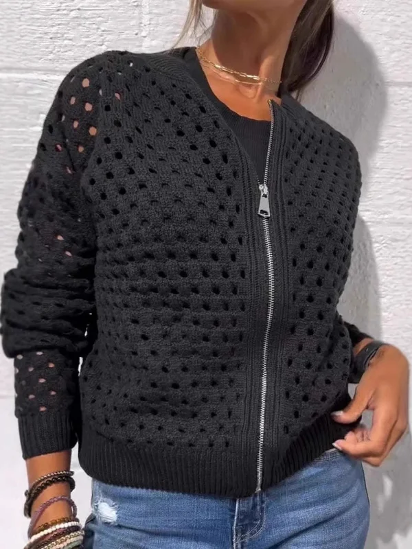Women's Casual Solid Color Round Neck Hollow Knitwear Zip-Up Jacket
