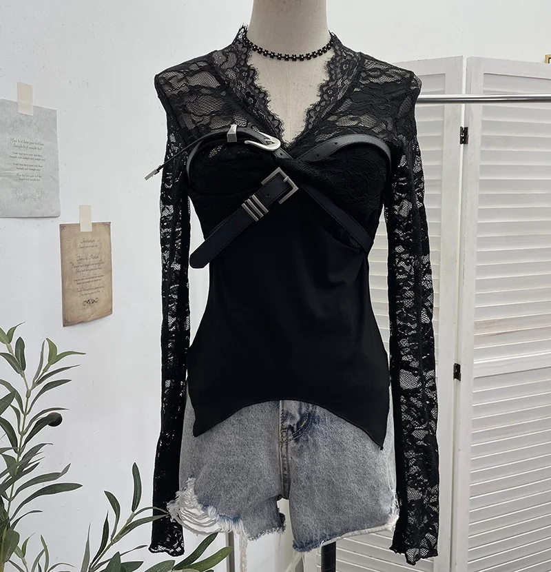 Nigikala Nigikala Shooting Babes V-Neck Lace Lace Splicing Belt Long Sleeve Design Irregular Short Bottom Top 2752