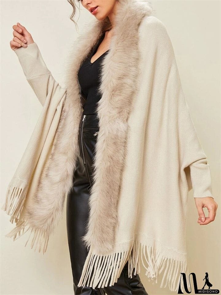 MidiSono - Elegant Lady Fur Collar Tassel Design Batwing Sleeve Cardigan Shawl Sweaters