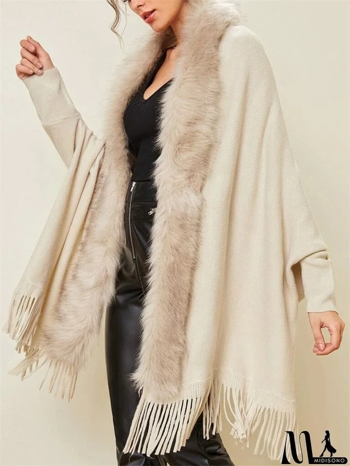 MidiSono - Elegant Lady Fur Collar Tassel Design Batwing Sleeve Cardigan Shawl Sweaters