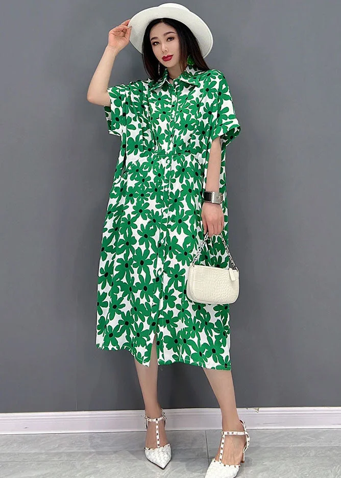 Beautiful Green Peter Pan Collar Print Shirt Dress Short Sleeve