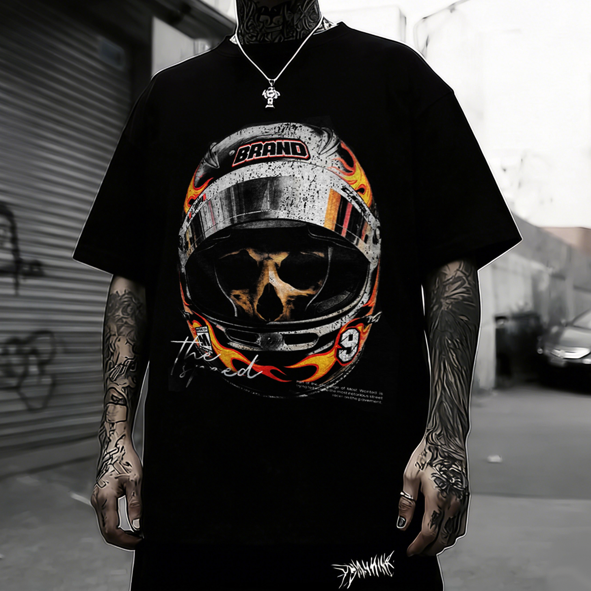 Cotton Racing Helmet Graphic T-Shirt With Flame Design For Men