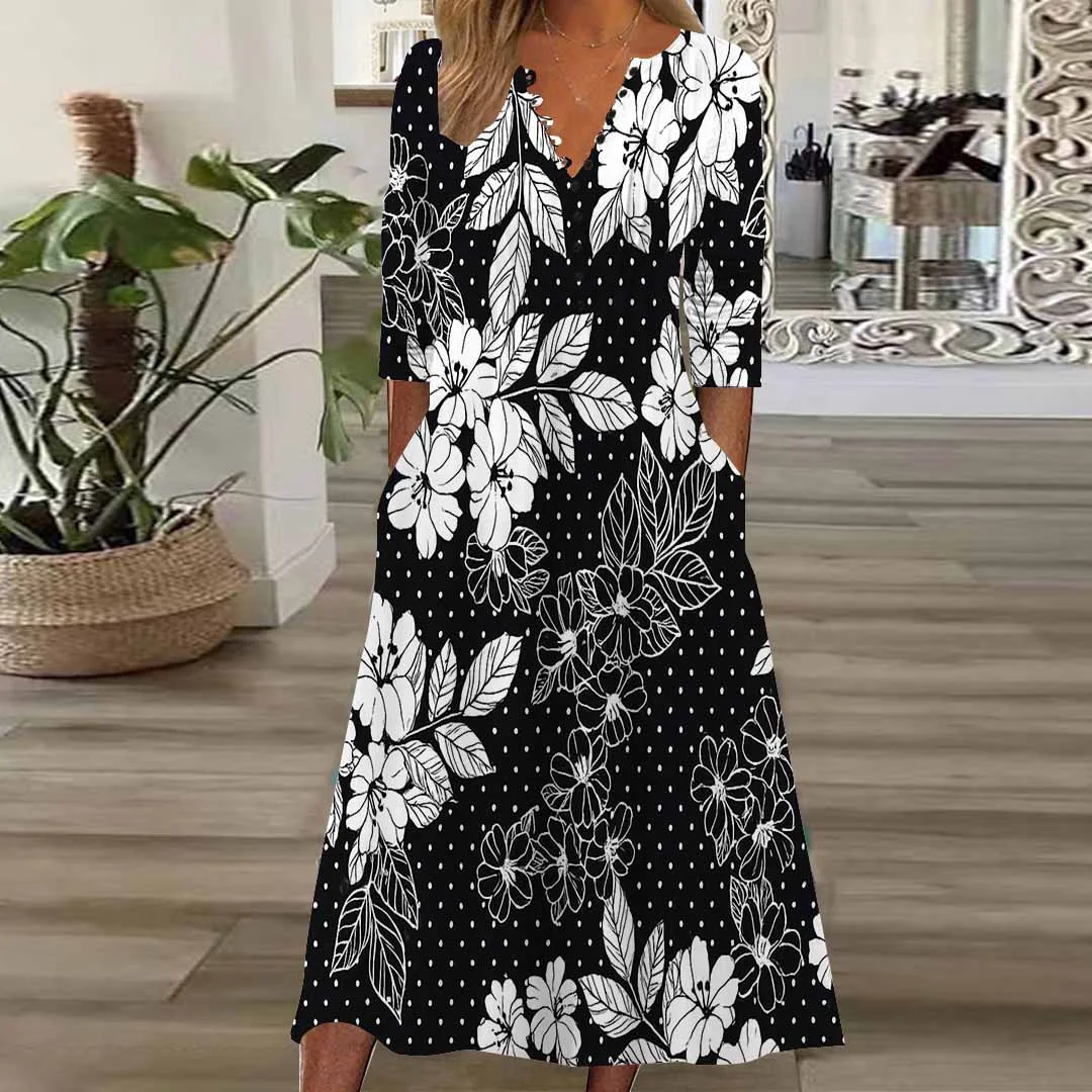 Women Floral,Black DZHB8241 Long Sleeve V-Neck Graphic Printed Midi Dress