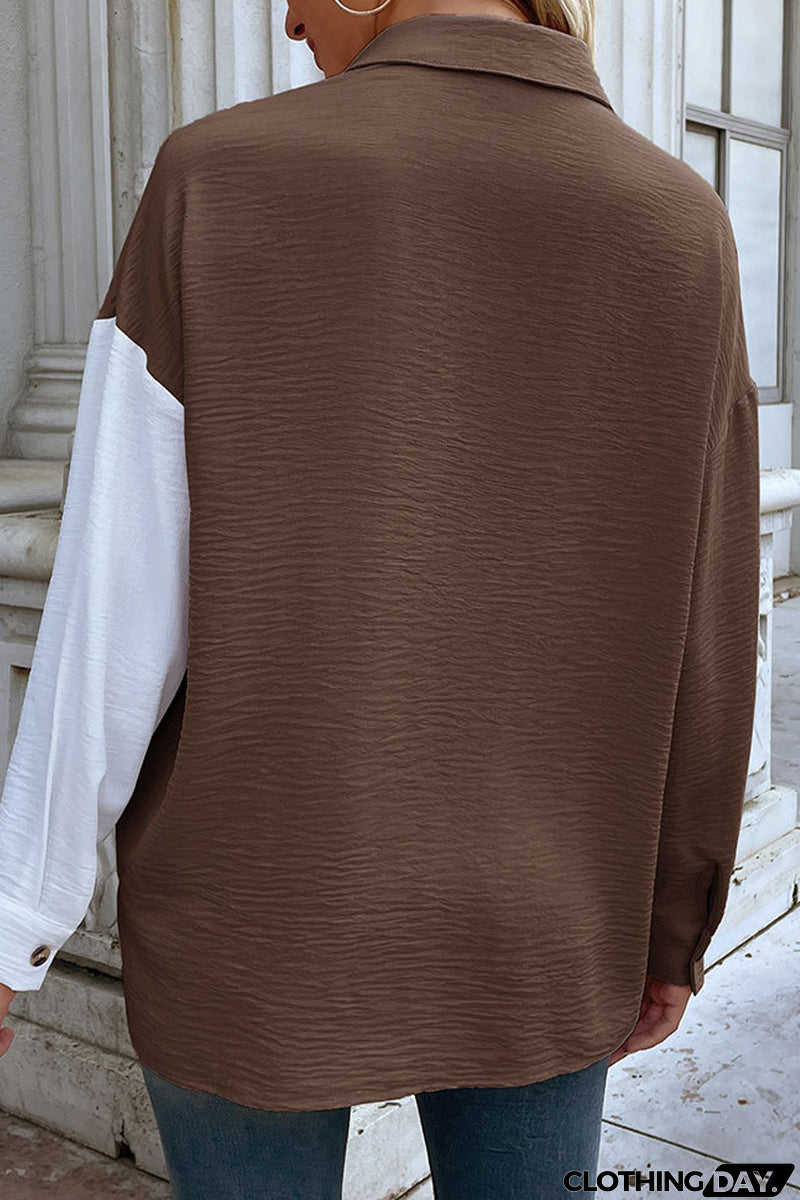 Elegant Color Block Pocket Contrast Turndown Collar Tops