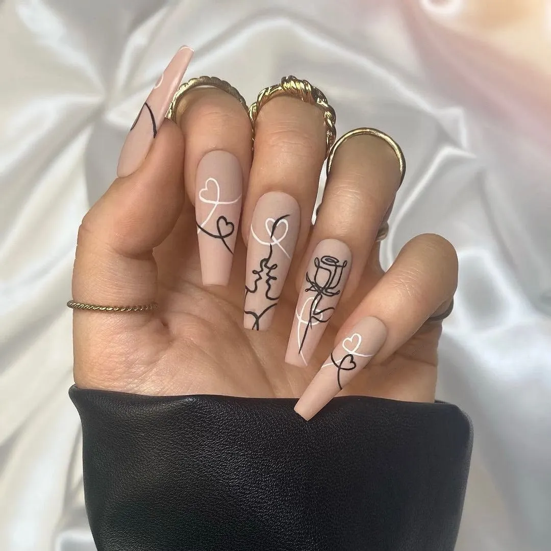 Extra Long Coffin Fake Nail Black And White Plaque False Nails French Ballerina Artificial Full Cover Nail Tips Press On Nail 515-1-Nail Inspo