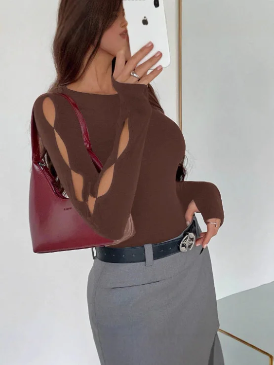 Nigikala Nigikala Women's Casual Long-Sleeved Round-Neck Solid-Colored Hollow T-Shirt