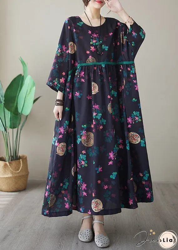 Vintage Navy Print Maxi Dresses Long Sleeve