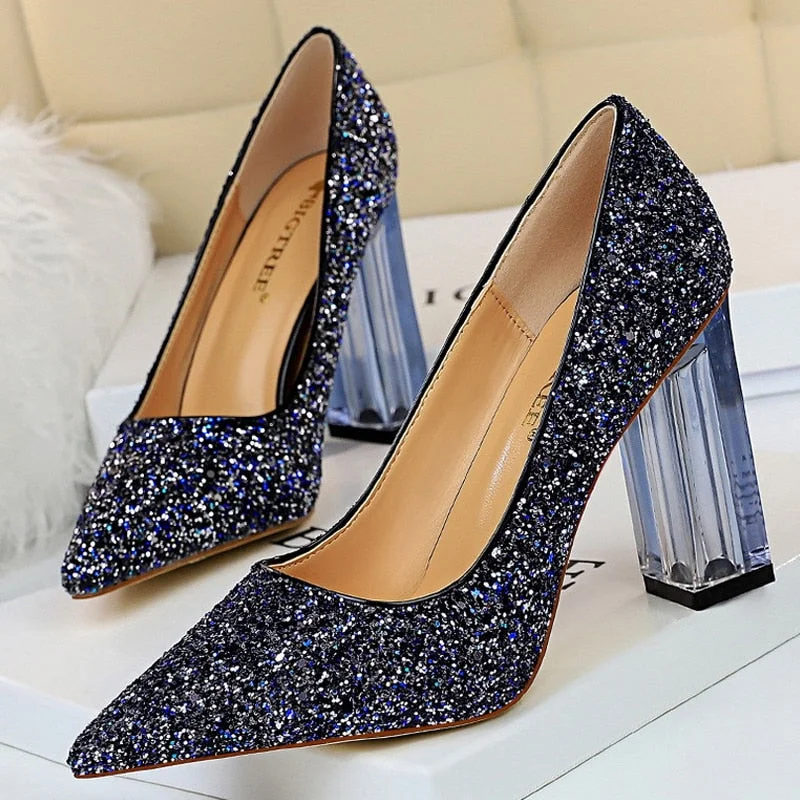 BIGTREE Shoes Transparent Heels Women Pumps Sequins Wedding Shoes Square Heels Women Shoes Crystal Heel Sexy Heeled Shoes 2021