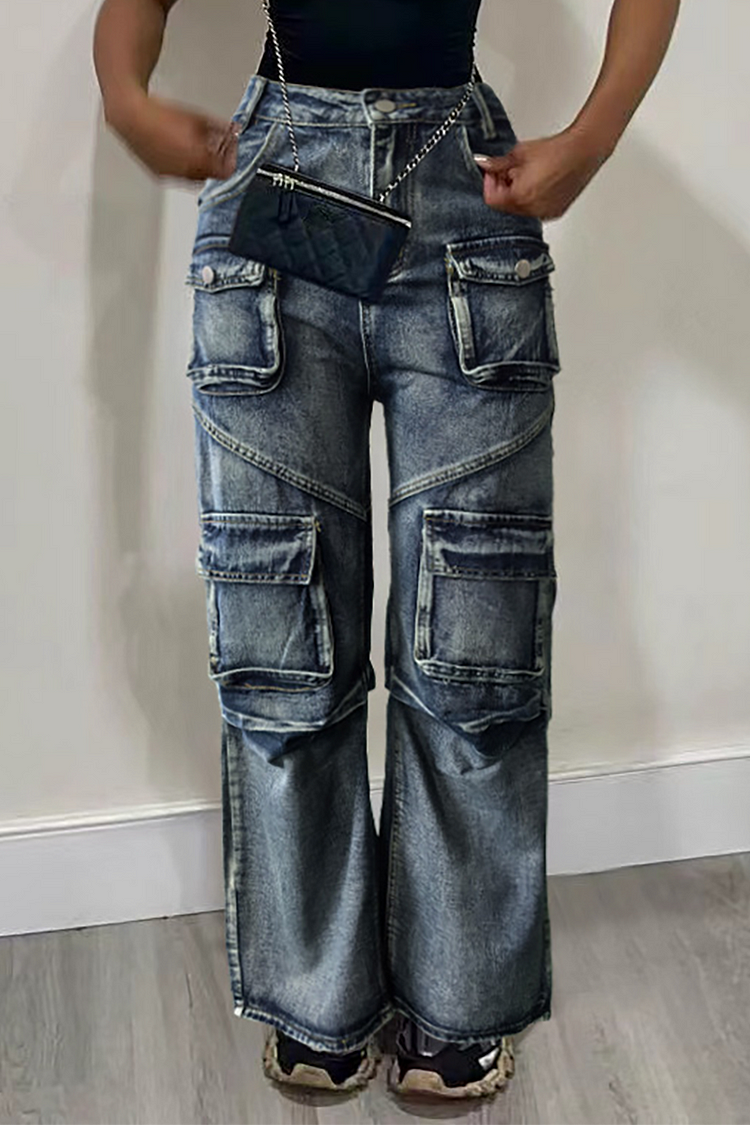 Denim Straight Leg Pockets Cargo Jeans-Blue