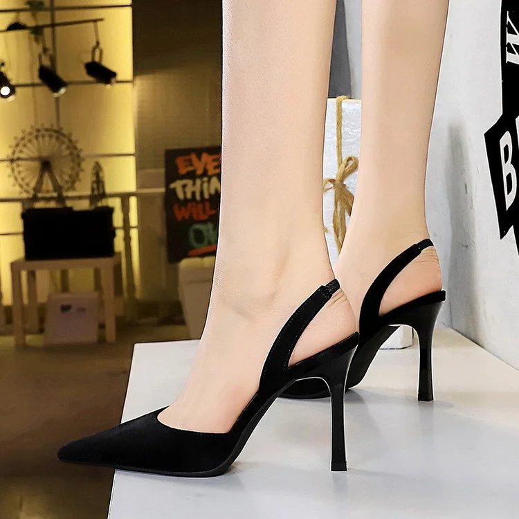 BIG TREE SHOES 228-1 European and American Style Fashionable Simple Summer High Heels Women's Shoes Suede Shallow Mouth Pointed-Toe Hollowed Back Strap Sandals