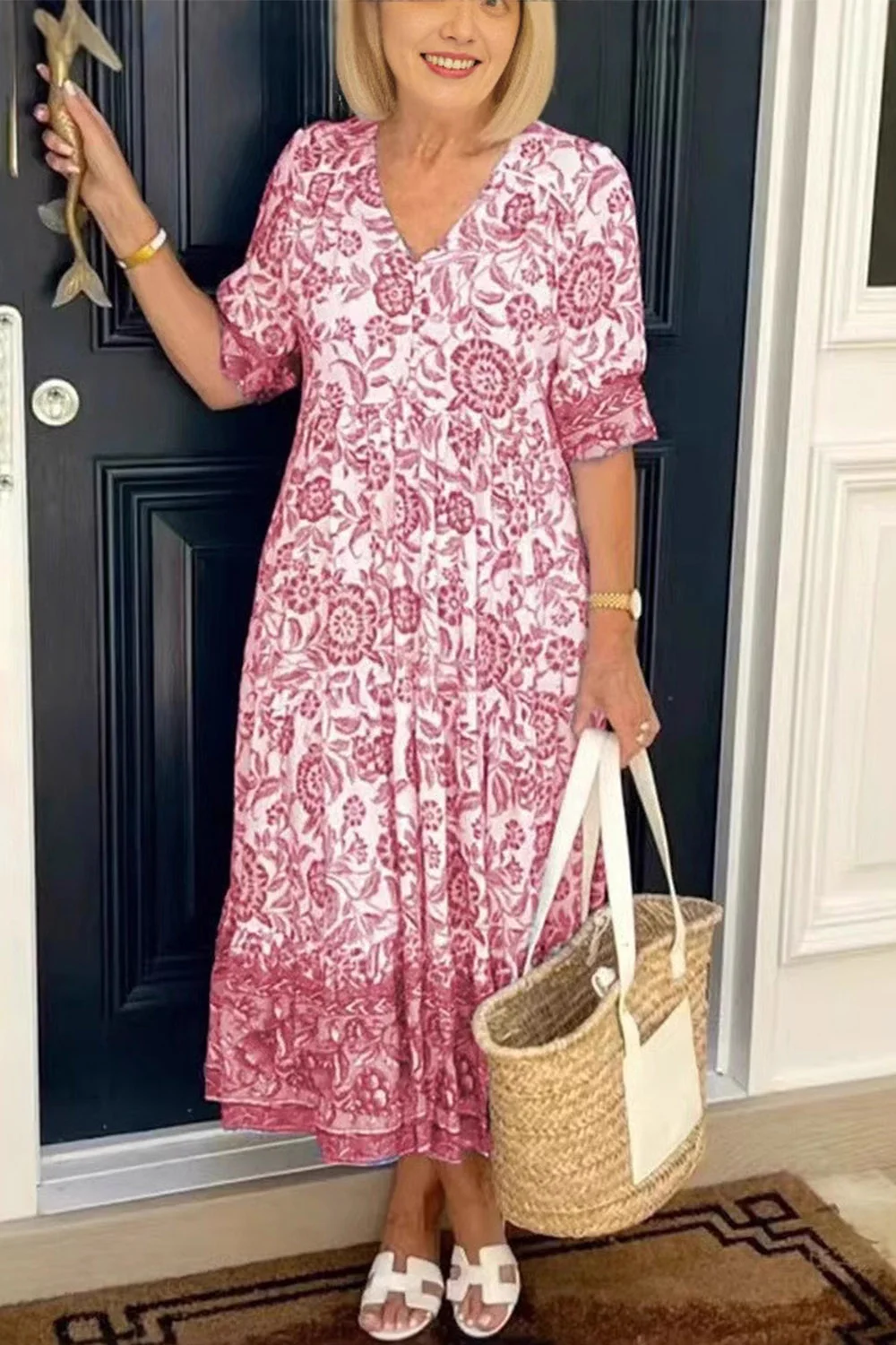 Plus Size Everyday Blue Floral Print Half Sleeve Maxi Dress- Flycurvy