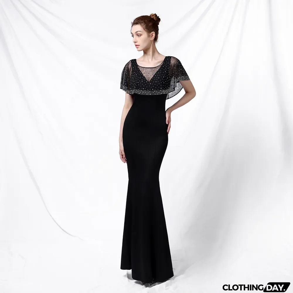 Bride Cape Solid Sleeveless V-Neck Long Mermaid Wedding Evening Dress Two Piece Set