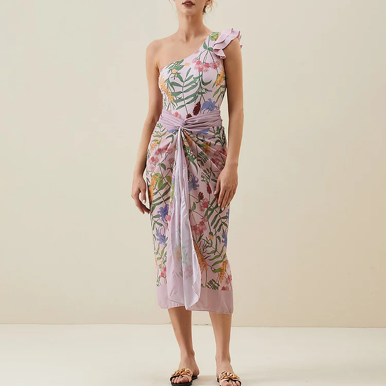 Flaxmaker One Shoulder Ruffle Floral Printed Pink One Piece Swimsuits and Sarong