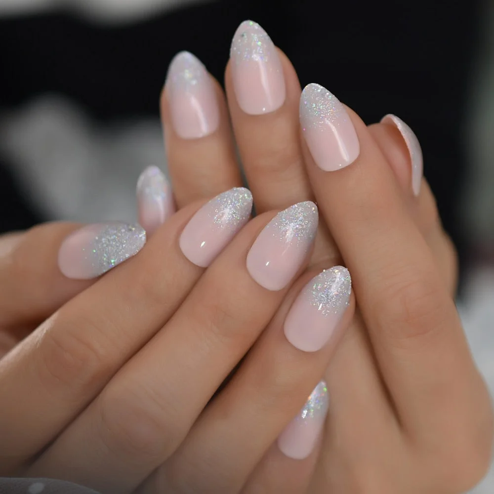 Holographic Glitter Nails Fake Short Stiletto False Nails Ling Pink Shimmer Nail Art Manicure Tips 24-Nail Inspo