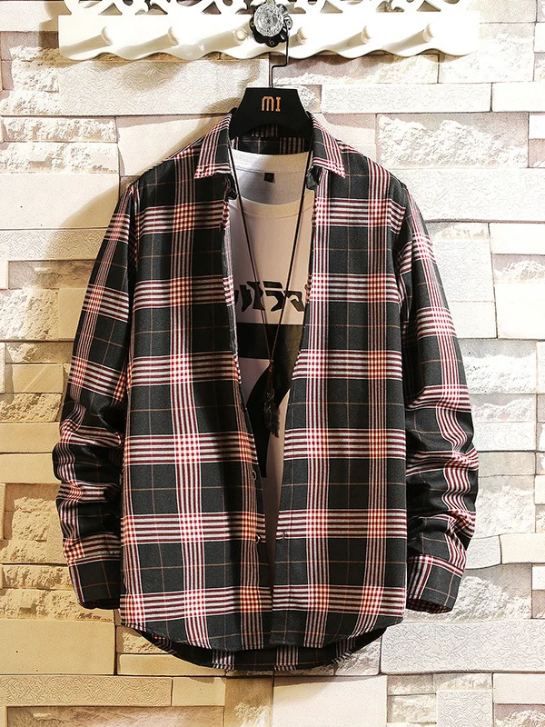 Men's Casual Color Matching Plaid Print Button Long Sleeve Shirt