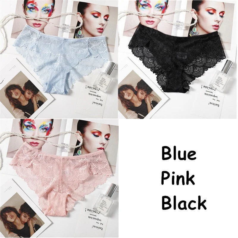 3PCS Sexy Lace Panties Solid Soft Breathable Briefs Seamless Women Underwear Ladies Panty Transparent Tempting Low-Rise Lingerie