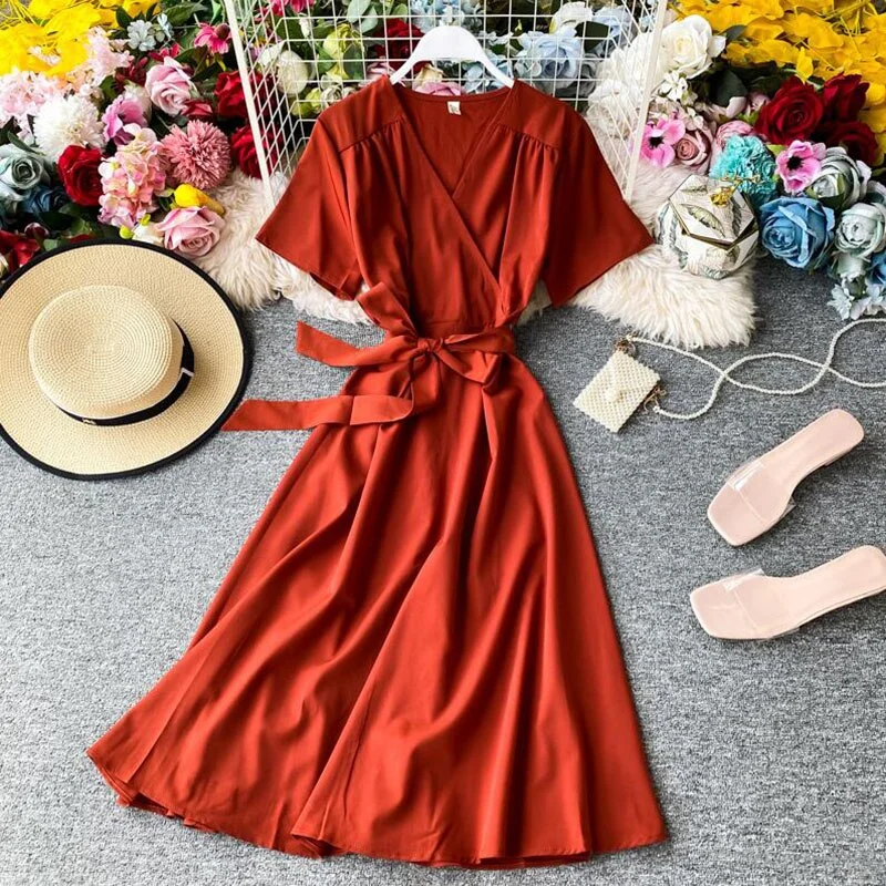 2020 Solid color Summer Women Dress Short sleeve Sexy V-neck Ruffles Chiffon Dress Vintage Elegant Lady A Line Bandage Dresses