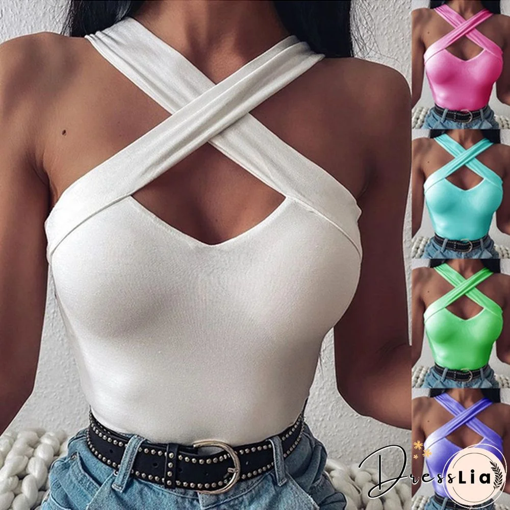 New Arrival Women Fashion Sexy Coss Design Sleeveless Solid Color Causal Cotton Tops