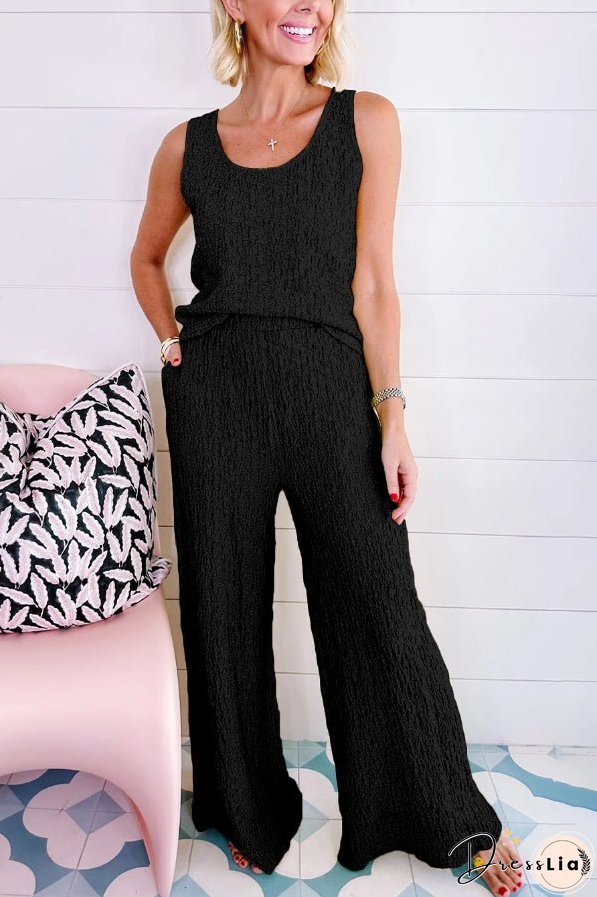 Yellow Crinkled U Neck Tank and Wide Leg Pants Set