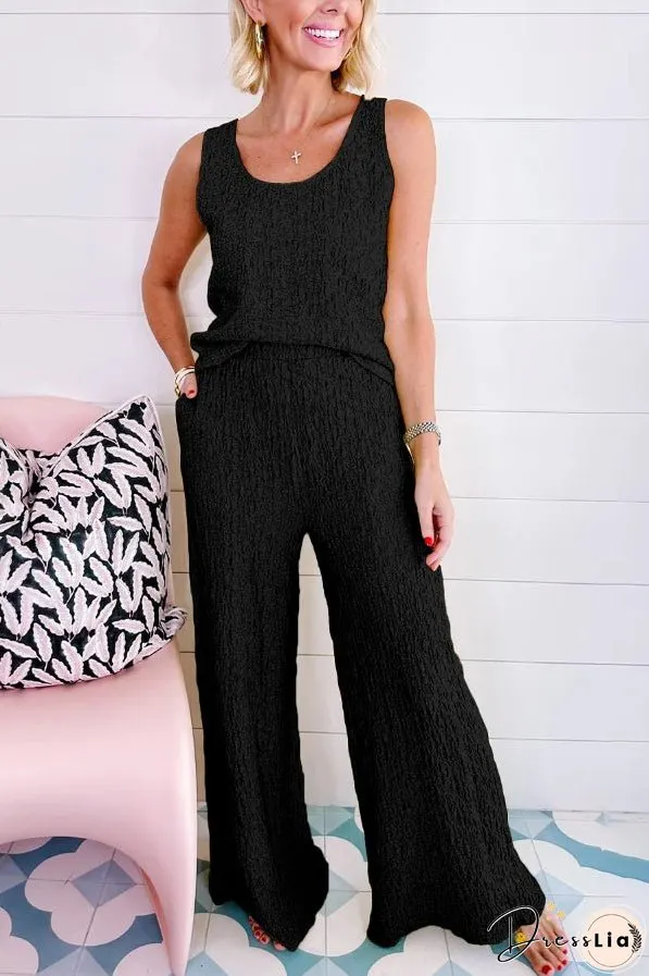 Yellow Crinkled U Neck Tank and Wide Leg Pants Set