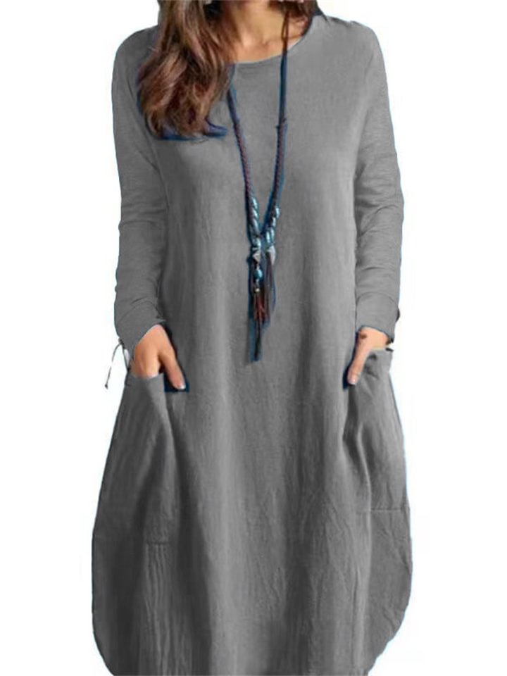 Cotton Linen Loose Casual Solid Color Pocket Long Sleeved Dress | EGEMISS