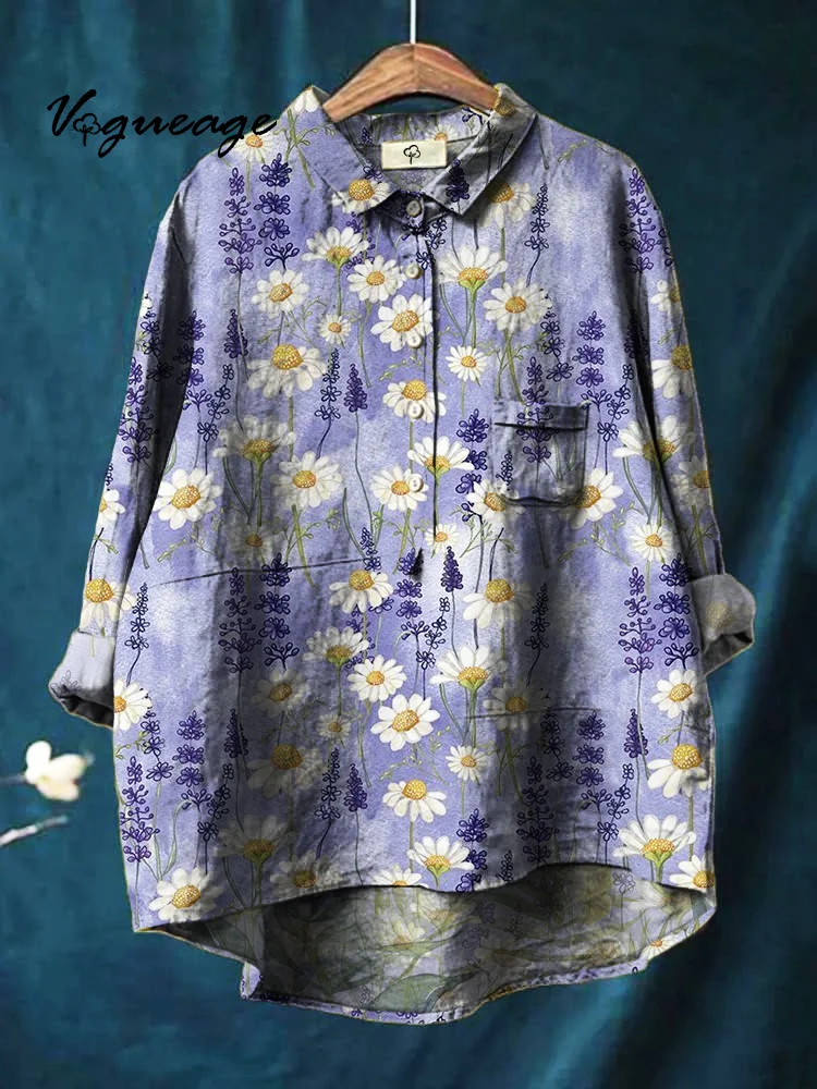 Ink Painting Flowers Daisy Plants Printed Cotton And Linen Shirt
