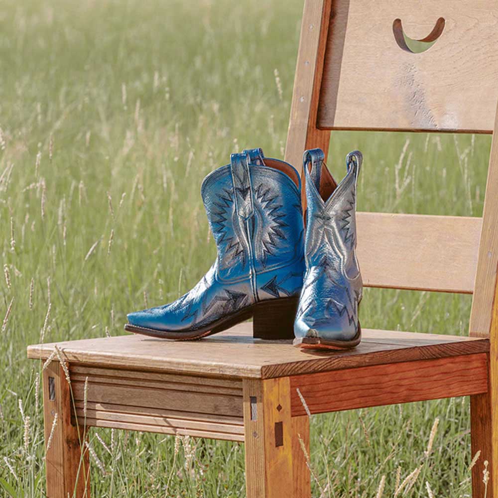 Blue Metallic Pointed Toe Chunky Heel Embroidered Cowgirl Boots Nicepairs