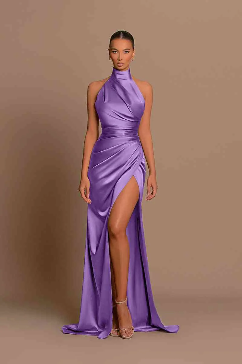 slim fit dress slacks A-Line High-Neck Sleeveless Floor-Length Wine Red Satin Prom Dress, Pleated main image 0