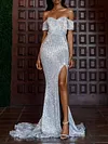 Fashion Off-The-Shoulder Split-Side Sequined Bandeau Evening Maxi Dress