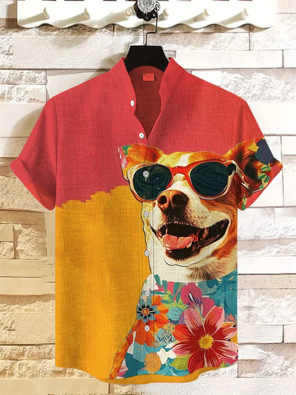 Men's Happy Dog Art Sunglasses Painting Print Linen Blend Shirt