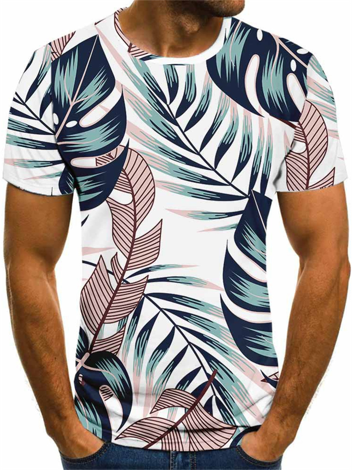 New Men's 3D Digital Leaf Pattern T-shirt Short-sleeved Top Printed Fashion Round Neck T-shirt
