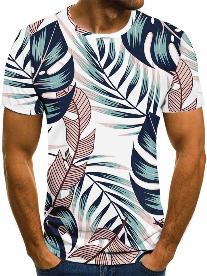 New Men's 3D Digital Leaf Pattern T-shirt Short-sleeved Top Printed Fashion Round Neck T-shirt-Cosfine