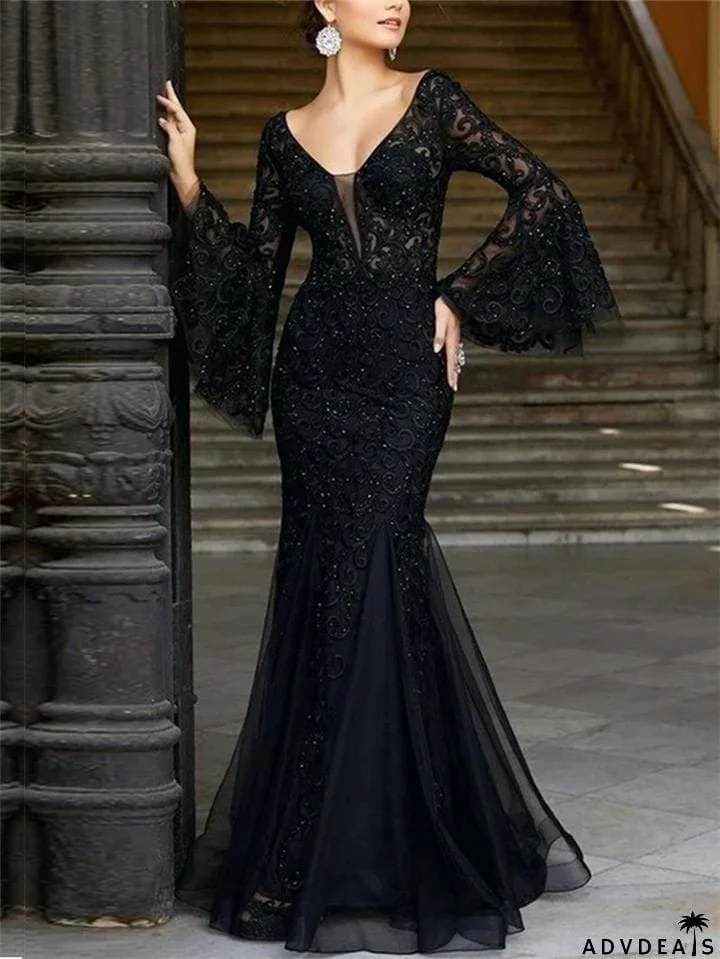 Flattering V Neck Floral Embroidery Bell Sleeve Trumpet Dress for Prom