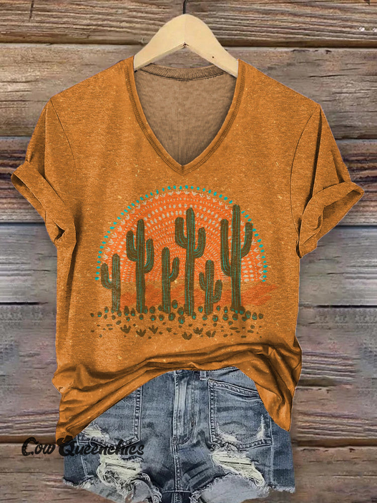 Women&rsquo;s Cactus Art Print V-neck Casual T-Shirt Multicolor / S