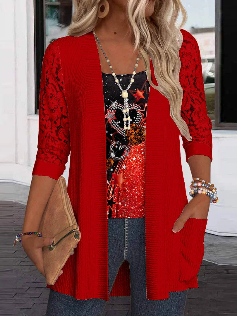 Women Long Sleeve Scoop Neck Love Printed Printed Graphic Pockets Lace Two-Pieced Tops