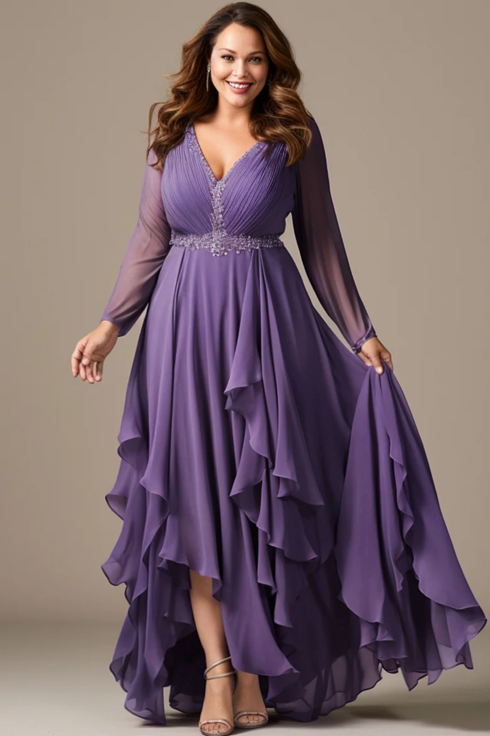 Flycurvy Plus Size Mother Of The Bride Purple Chiffon Irregular Hem Long Sleeves Maxi Dress 2024 - Flycurvy 