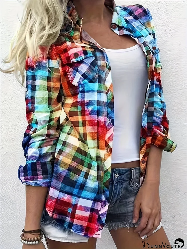 Colorful Plaid Print Shirt, Casual Long Sleeve Button Front Shirt With A Collar, Women's Clothing