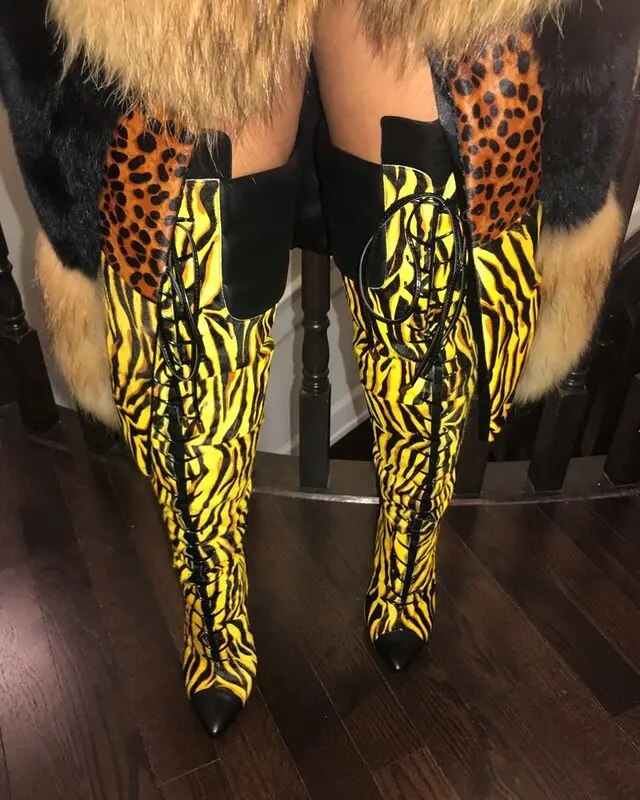 VCSHOES Customize 44 Women Over Knee High Boots Cross Tied Pointed Toe Thin High Heel Shoes Plus Size Zebra Pattern Boots