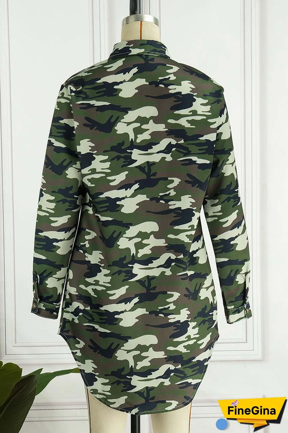 Camouflage Casual Camouflage Print Patchwork Turndown Collar Shirt Dress Dresses