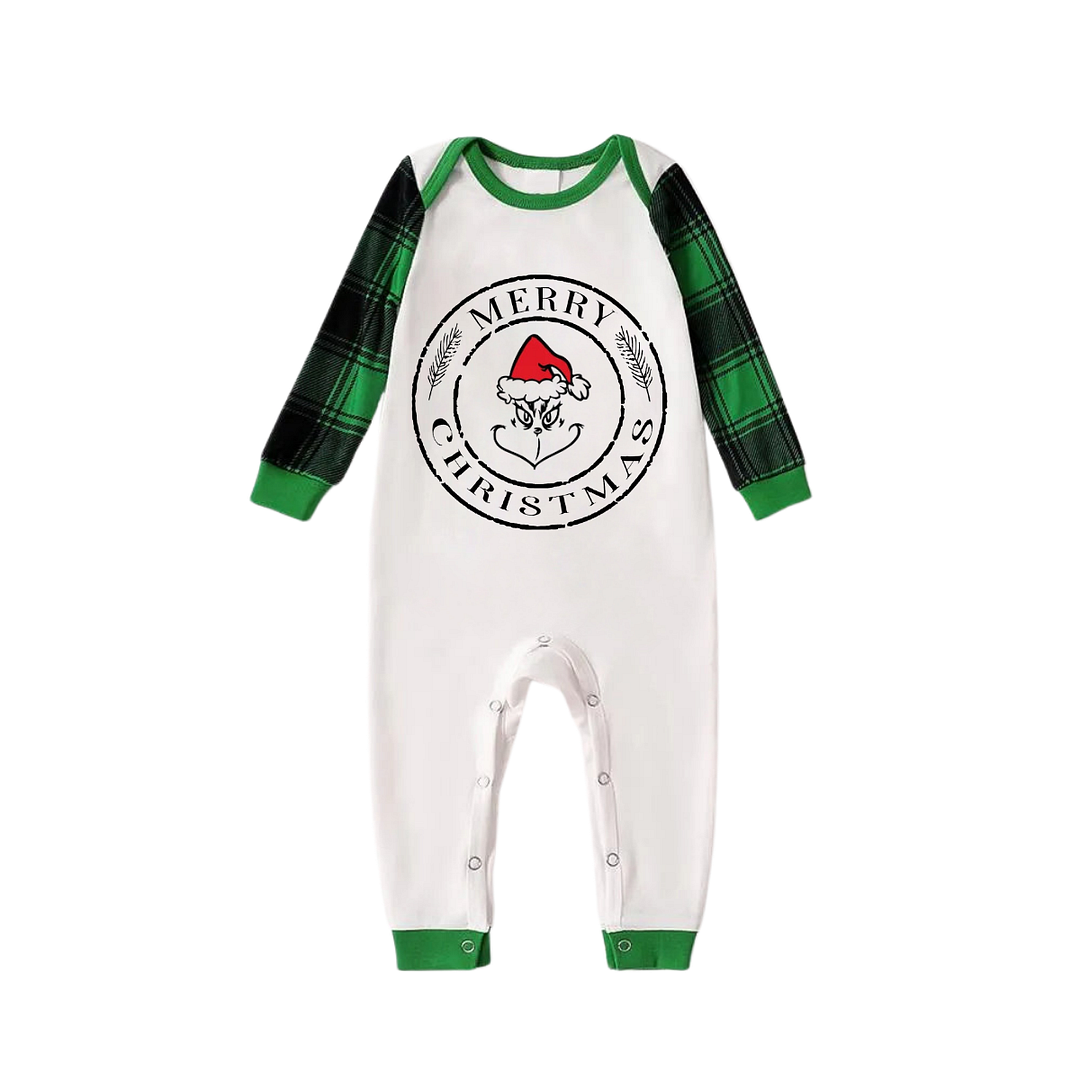 Cartoon Face and Merry Christmas Text Print Long Sleeve Top With Green & Black Plaid Family Matching Pajamas