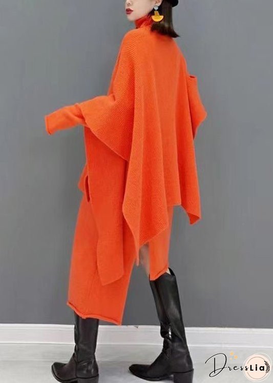 New Rose Turtleneck Asymmetrical Cotton Knit Two Pieces Set Fall