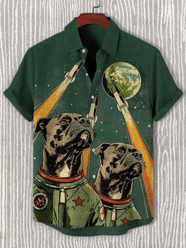Men's Space Astronaut Dog Art Print Casual Shirt
