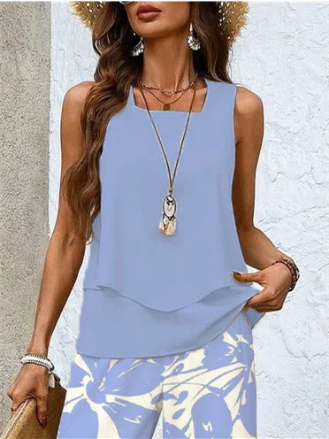 Women's Sleeveless Square Collar Graphic Printed Casual Set