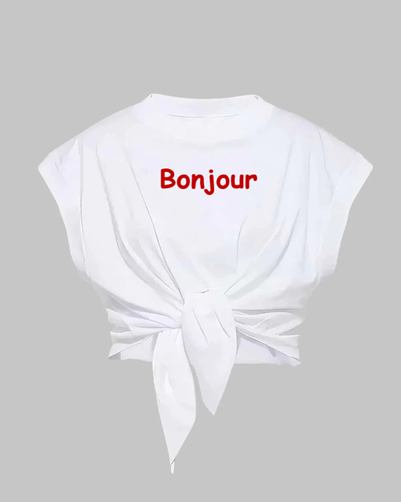 Women's Plus Size Pleated Lace-Up Red Bonjour Letter Print Short-Sleeve Tee