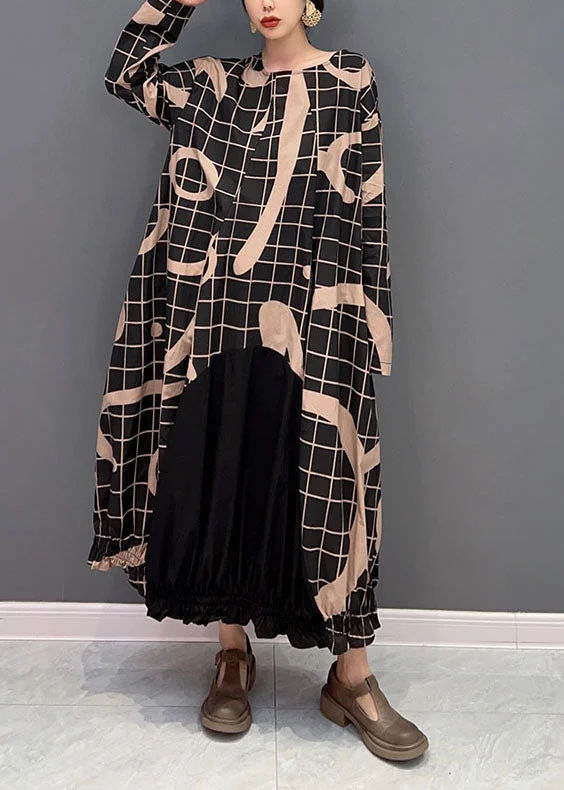 4.15Boho Black Oversized Patchwork Plaid Cotton Long Dress Spring